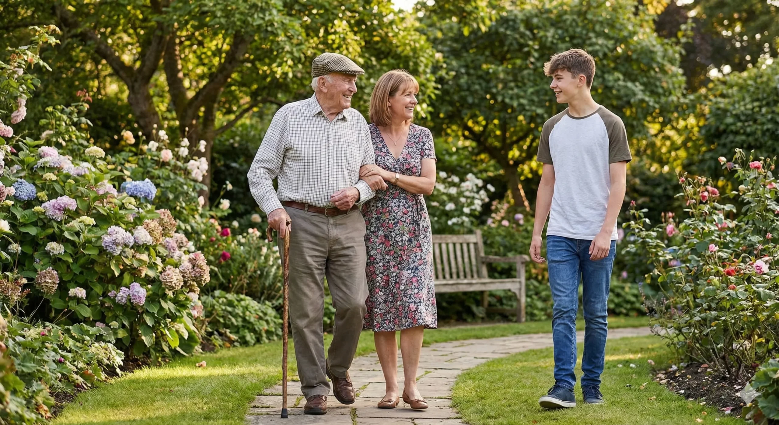 A candid photo of an active 90-year-old man with a walking stick being supported by his daughter and grandson while walking in a sunny garden.