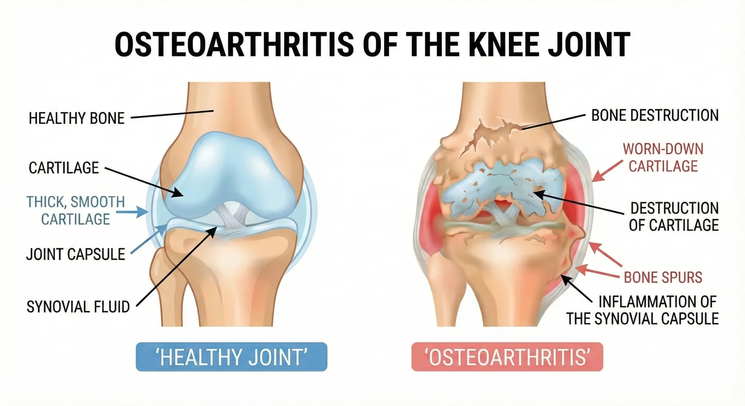 Diagram comparing a healthy knee joint with an arthritic knee showing cartilage wear