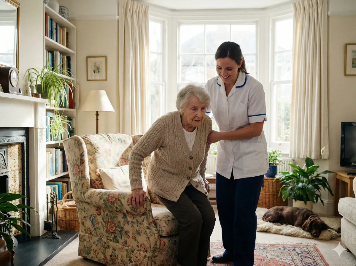 Private home physiotherapist supporting an elderly lady to stand up from her armchair
